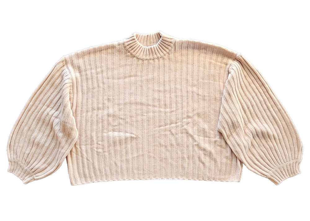 Princess Polly Sweater XS/S Cream Ribbed Cropped Balloon Sleeve Mock Neck